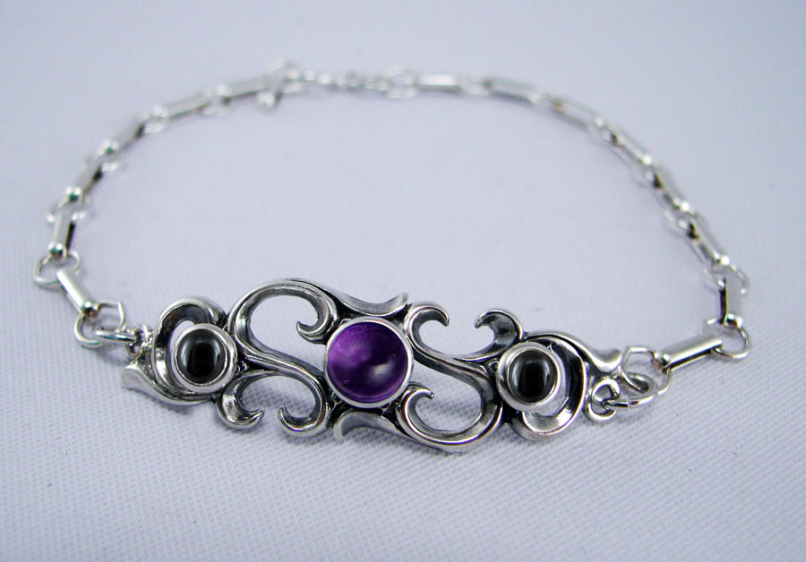 Sterling Silver Filigree Bracelet With Amethyst And Hematite
